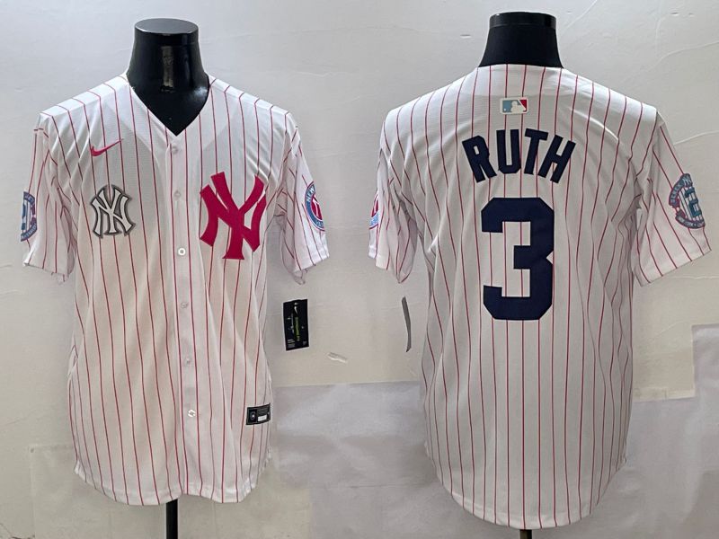 Men New York Yankees 3 Ruth White Stripe Jointly Name Nike 2025 MLB Jersey style 8